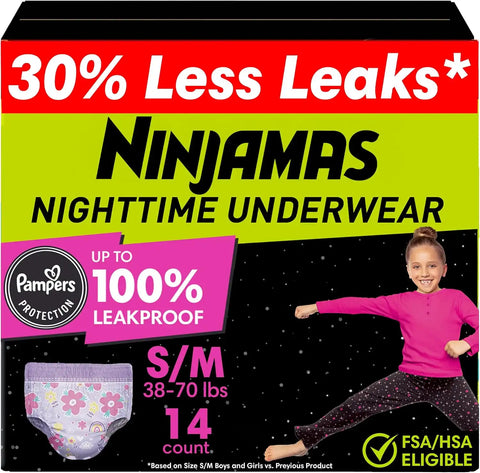 Ninjamas Girls Bedwetting Nighttime Underwear - Size S/M (38-70 lbs), 14 Count, Overnight Protection, Ultra Absorbent, Hypoallergenic