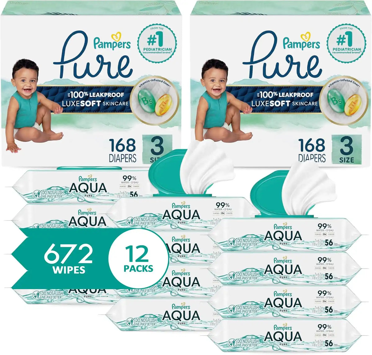 Pampers Pure Protection Disposable Baby Diapers Size 3, 2 Month Supply (2 x 168 Count) with Aqua Pure Sensitive Baby Wipes, 12X Pop-Top Packs (672 Count)