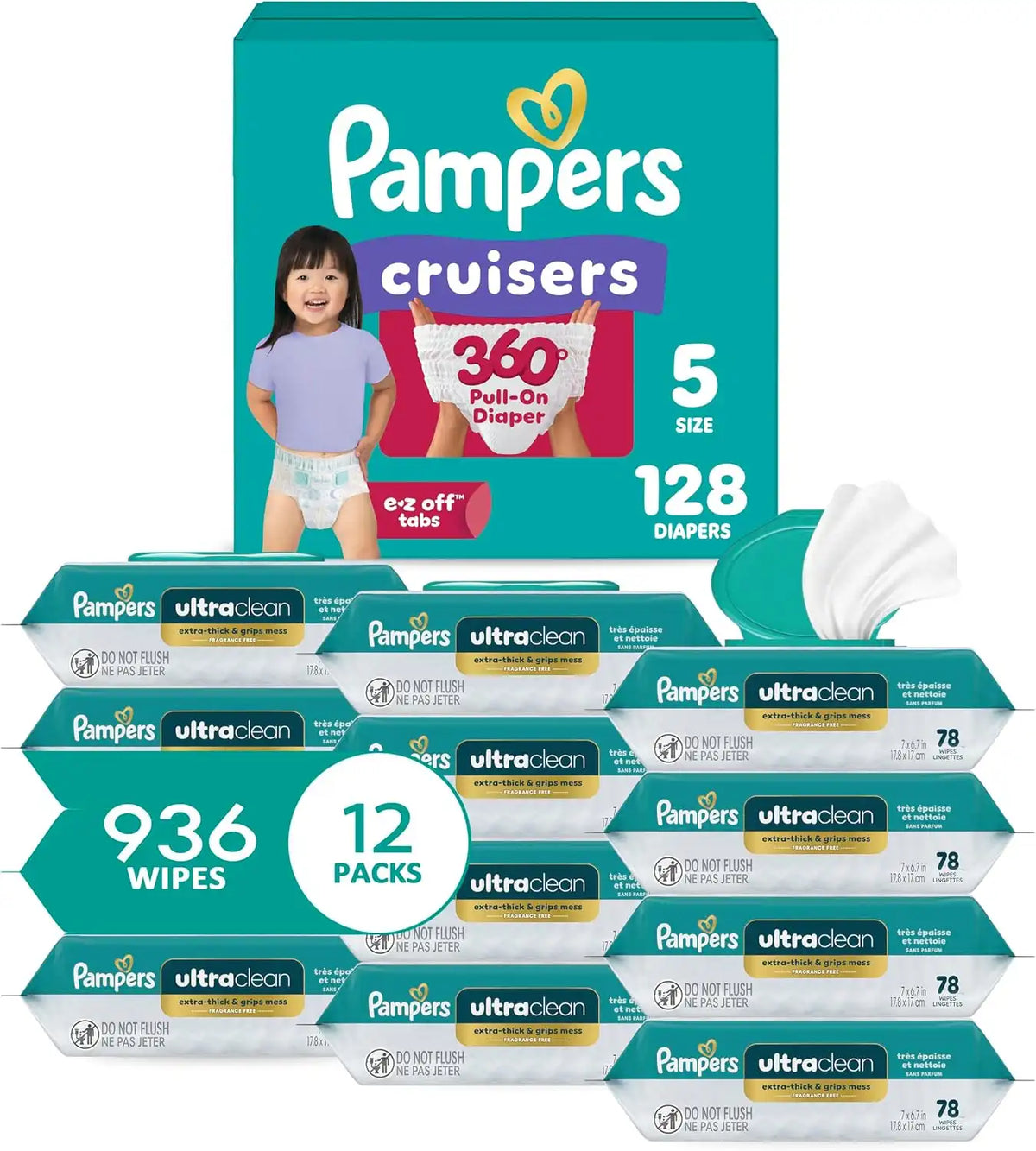 Pampers Pull On Cruisers 360° Fit Disposable Baby Diapers Size 5, 128 Count with Free & Gentle Baby Wipes 12 Flip-Top Packs (936 Wipes Total)