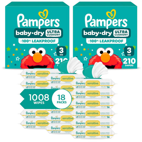 Pampers Baby Dry Disposable Baby Diapers Size 3, 2 Month Supply (2 x 210 Count) with Sensitive Water Based Baby Wipes 12X Multi Pack Pop-Top and Refill (1008 Count) [Packaging May Vary]