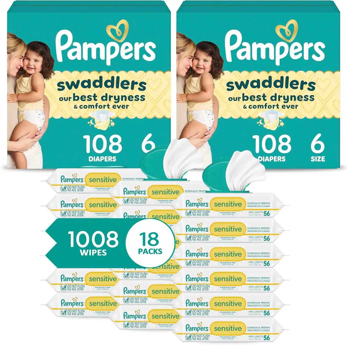 Pampers Swaddlers Disposable Baby Diapers Size 6, 2 Month Supply (2 x 108 Count) with Sensitive Water Based Baby Wipes 12X Multi Pack Pop-Top and Refill (1008 Count) [Packaging May Vary]