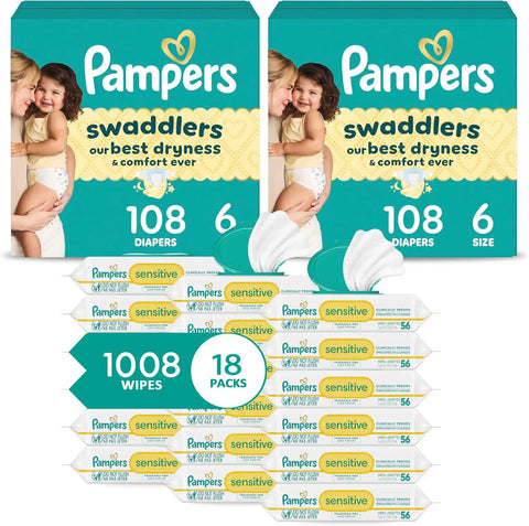 Pampers Swaddlers Disposable Baby Diapers Size 6, 2 Month Supply (2 x 108 Count) with Sensitive Water Based Baby Wipes 12X Multi Pack Pop-Top and Refill (1008 Count) [Packaging May Vary]