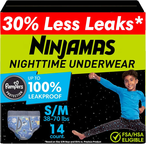Ninjamas Boys Bedwetting Nighttime Underwear Boys - Size S/M (38-70 lbs), 14 Count, Overnight Protection, Ultra Absorbent, Hypoallergenic
