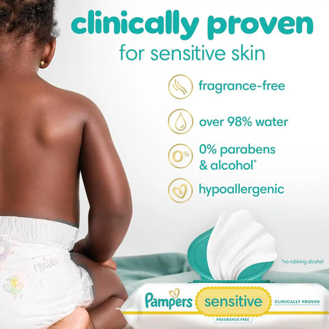 Pampers Sensitive Baby Wipes, Clinically Proven, Fragrance Free, Unscented, Water Based, Hypoallergenic, Multi-Use, Hand Wipes 672 Wipes Total (12X Flip-Top Packs) [Packaging May Vary]