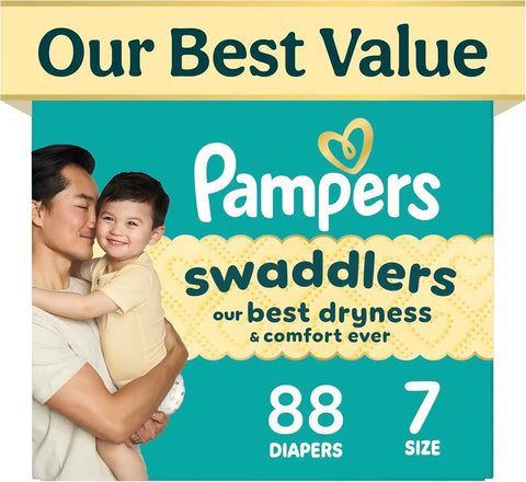 Pampers Swaddlers Diapers, Size 7 (26-50 lbs), 88 Count, Hypoallergenic, Absorbent, Keeps Baby Dry and Comfortable, Skin Safe Disposable Baby Diaper