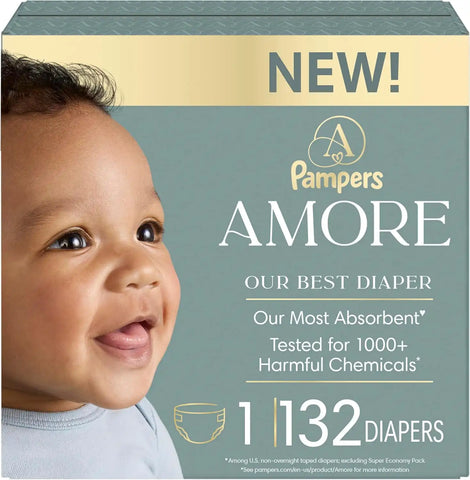 Pampers Amore, Size 1 (8-14 lbs), 132 Count, Our Best Diaper – Hypoallergenic & Fragrance Free, Up to 100% Leakproof, Soft as Cashmere