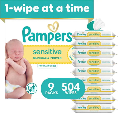 Pampers Sensitive Baby Wipes, Clinically Proven, Fragrance Free, Unscented, Water Based, Hypoallergenic, Multi-Use, Hand Wipes 504 Wipes Total (6X Flip-Top Packs) [Packaging May Vary]