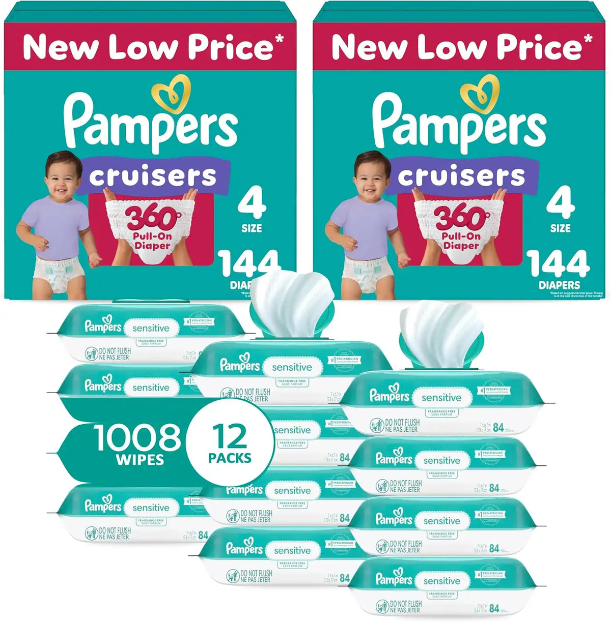 Pampers Pull On Cruisers 360° Fit Disposable Baby Diapers Size 4, 2 Months Supply (2 x 144 Count) with Sensitive Water Based Wipes 12X Multi Pack Pop-Top and Refill (1008 Count)