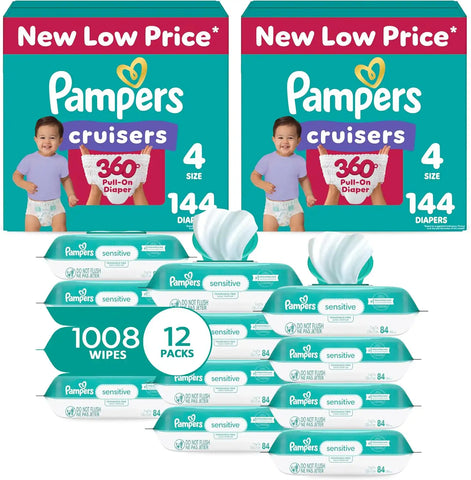 Pampers Pull On Cruisers 360° Fit Disposable Baby Diapers Size 4, 2 Months Supply (2 x 144 Count) with Sensitive Water Based Wipes 12X Multi Pack Pop-Top and Refill (1008 Count)