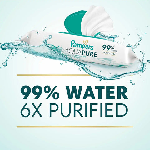 Pampers Aqua Pure Baby Wipes, 99% Water, Fragrance Free, Unscented, Water Based, Multi-Use, 336 Wipes Total (6X Flip-Top Packs) [Packaging May Vary]